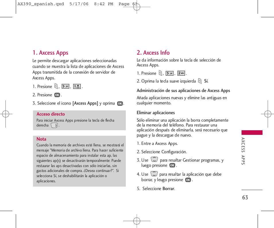 Axcess apps, Axcess info | LG AX390 User Manual | Page 177 / 226