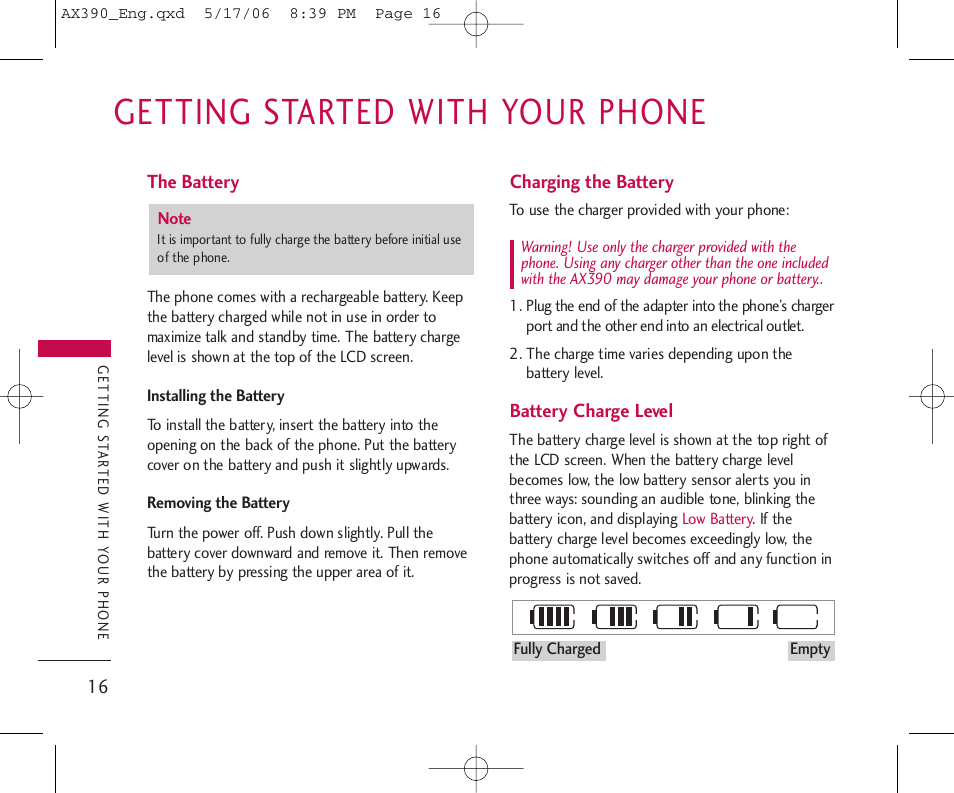 Getting started with your phone | LG AX390 User Manual | Page 18 / 226