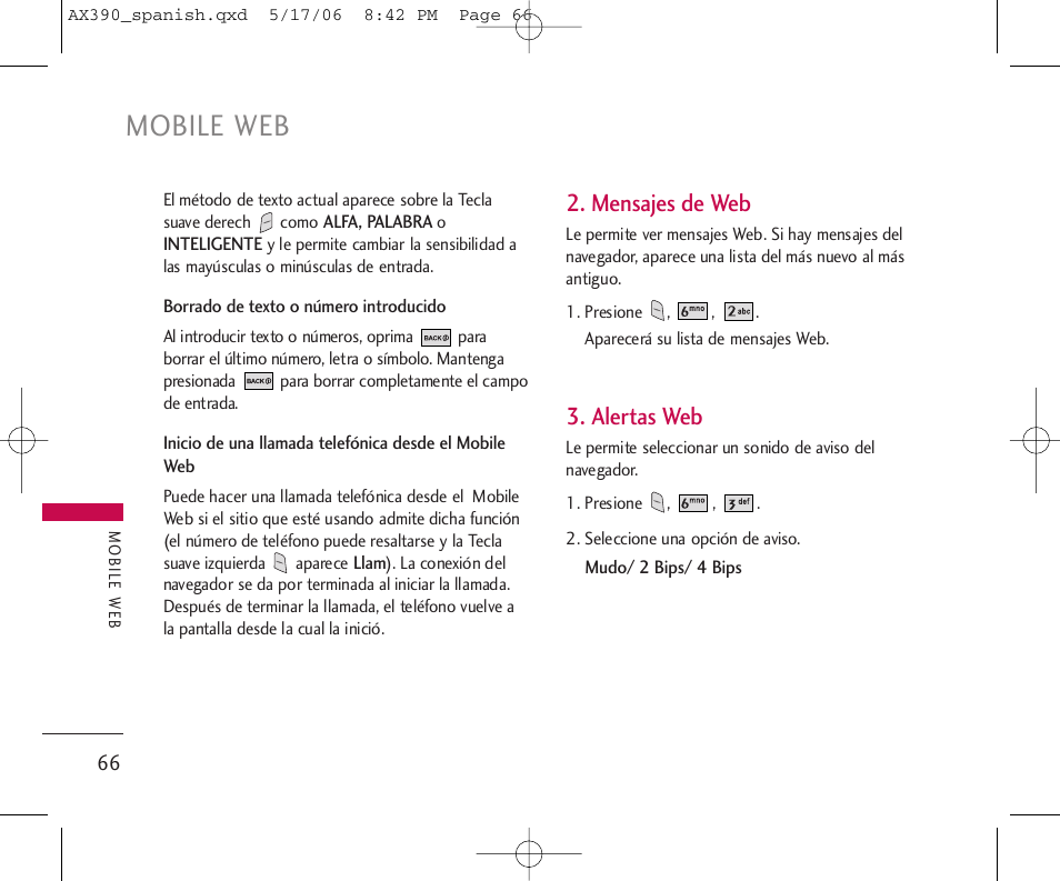 Mobile web, Mensajes de web, Alertas web | LG AX390 User Manual | Page 180 / 226
