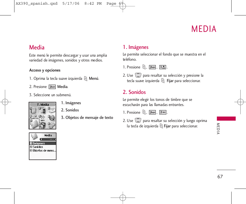 Media, Imágenes, Sonidos | LG AX390 User Manual | Page 181 / 226