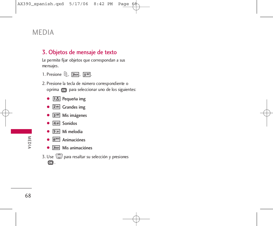 Media, Objetos de mensaje de texto | LG AX390 User Manual | Page 182 / 226