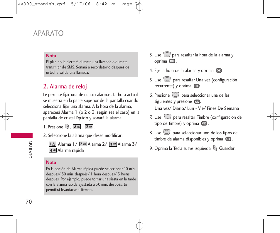 Aparato, Alarma de reloj | LG AX390 User Manual | Page 184 / 226
