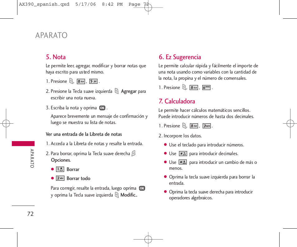 Aparato, Nota, Ez sugerencia | Calculadora | LG AX390 User Manual | Page 186 / 226