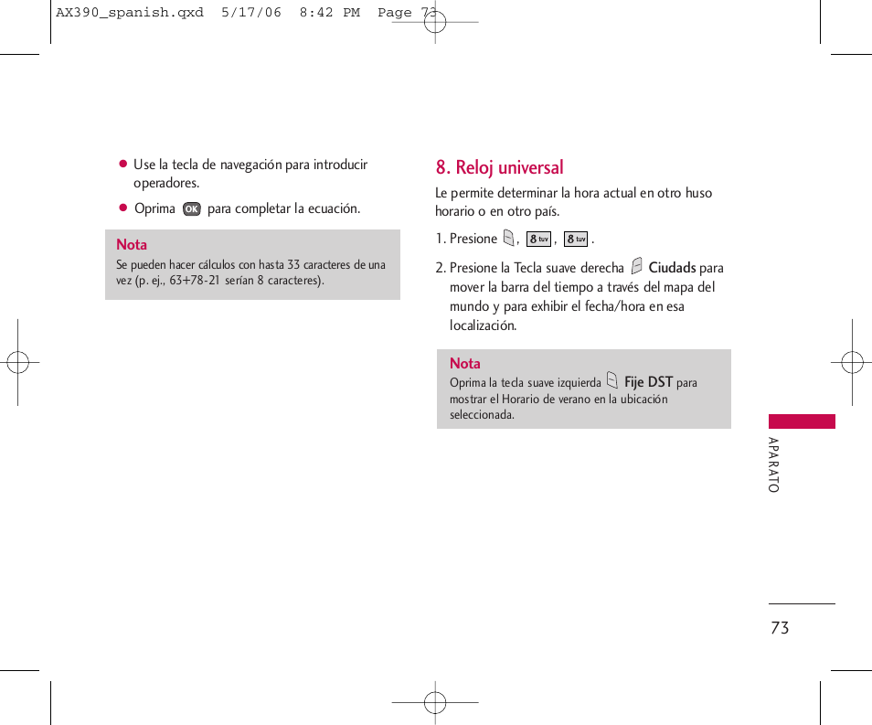 Reloj universal | LG AX390 User Manual | Page 187 / 226