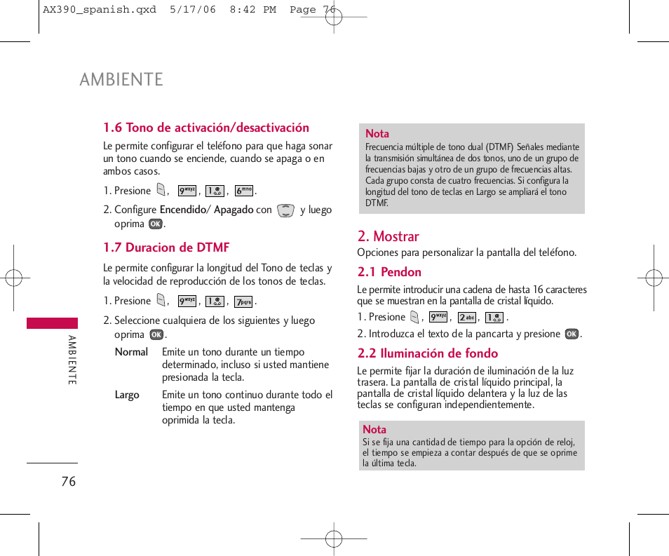 Ambiente, Mostrar | LG AX390 User Manual | Page 190 / 226