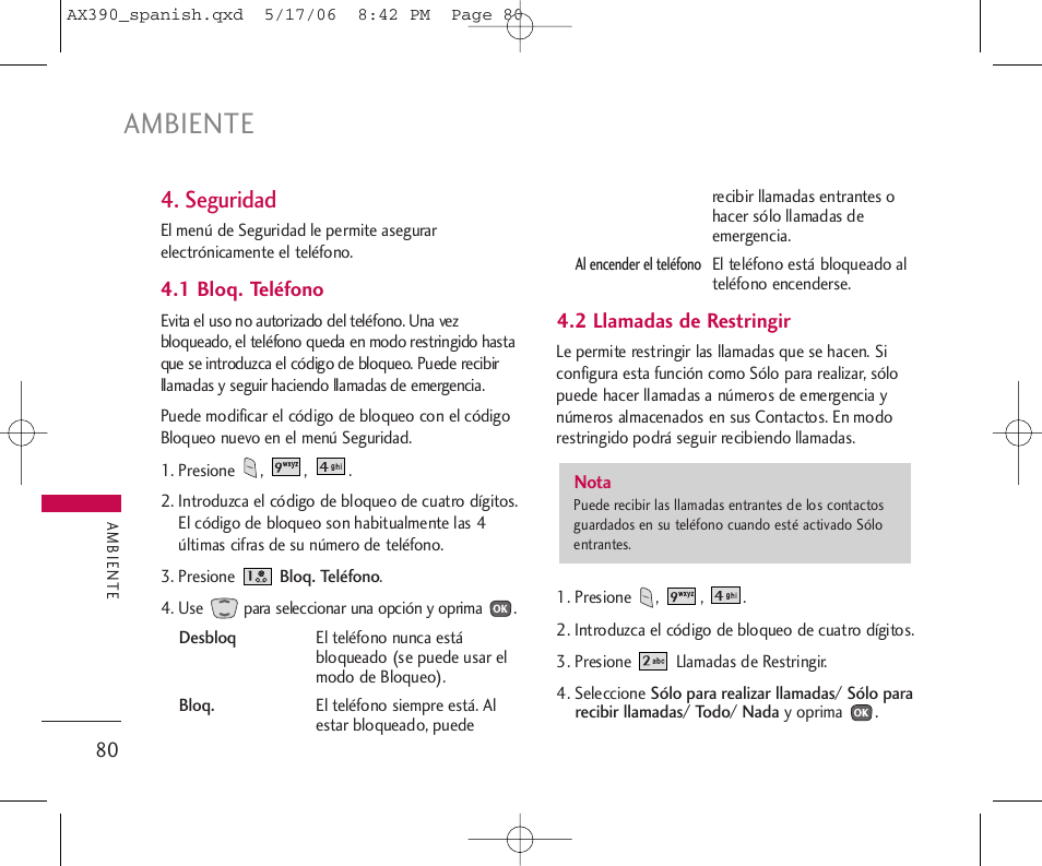 Ambiente, Seguridad | LG AX390 User Manual | Page 194 / 226