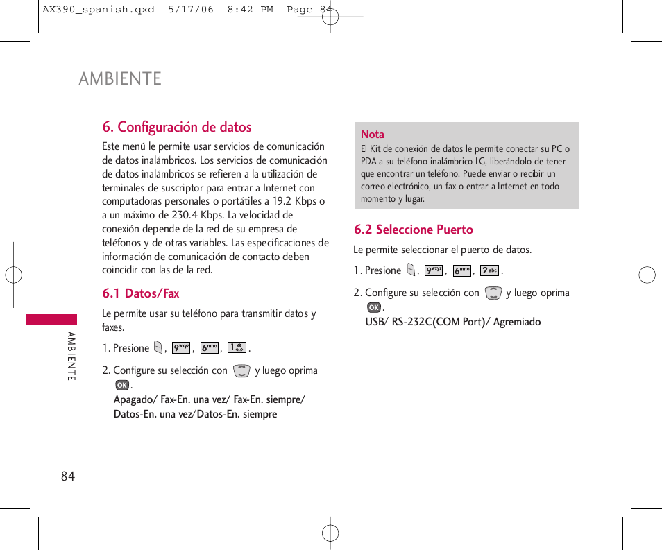 Ambiente, Configuración de datos | LG AX390 User Manual | Page 198 / 226