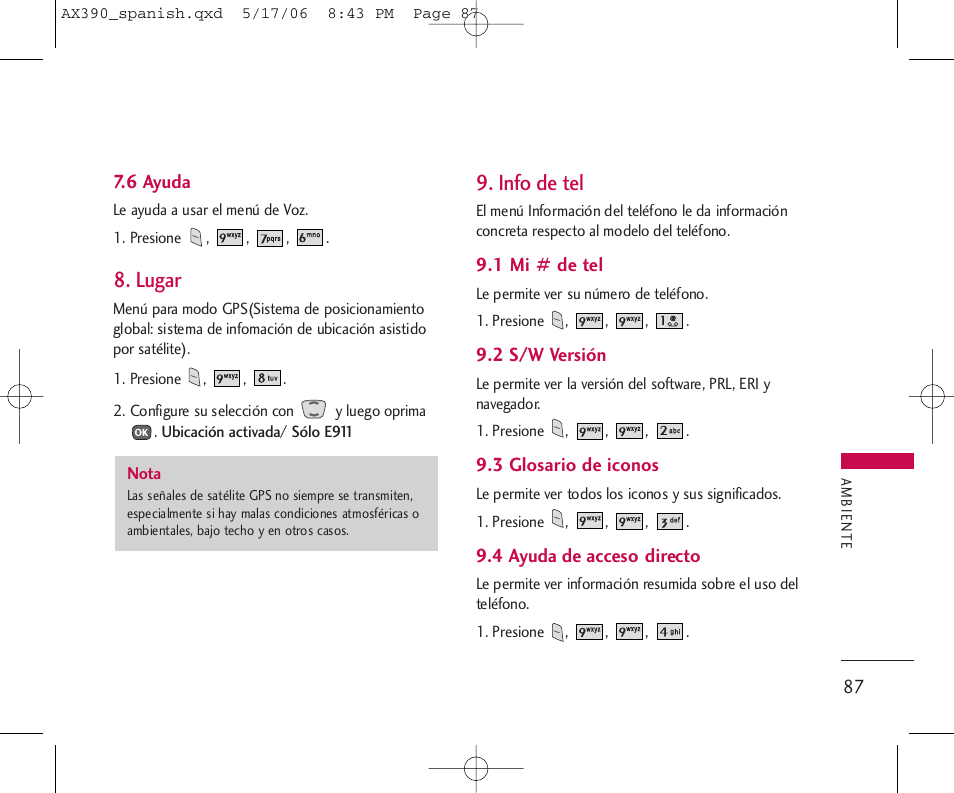 Lugar, Info de tel | LG AX390 User Manual | Page 201 / 226