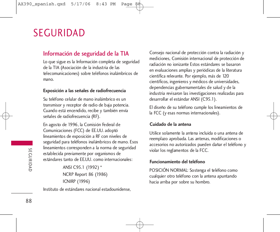 Seguridad, Información de seguridad de la tia | LG AX390 User Manual | Page 202 / 226