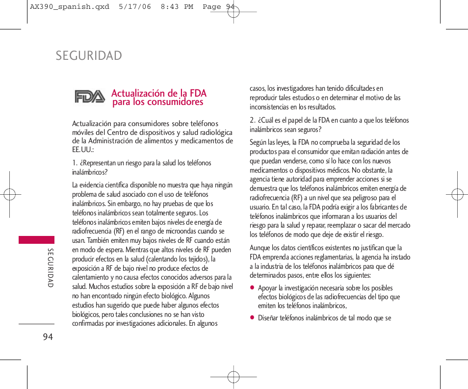 Seguridad, Actualización de la fda para los consumidores | LG AX390 User Manual | Page 208 / 226