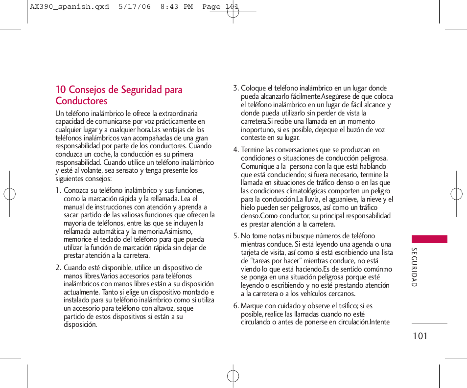 10 consejos de seguridad para conductores | LG AX390 User Manual | Page 215 / 226