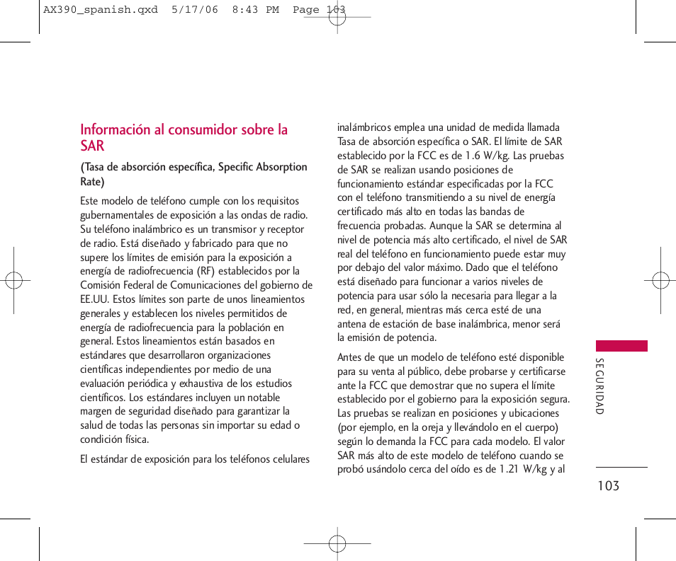 Información al consumidor sobre la sar | LG AX390 User Manual | Page 217 / 226