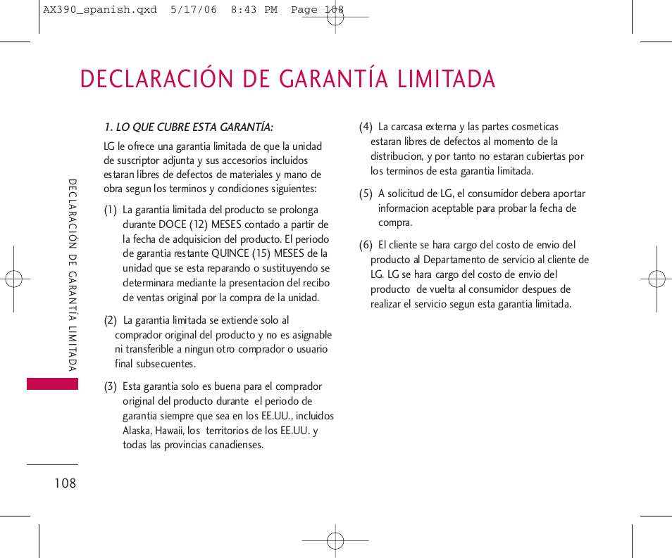 Declaración de garantía limitada | LG AX390 User Manual | Page 222 / 226