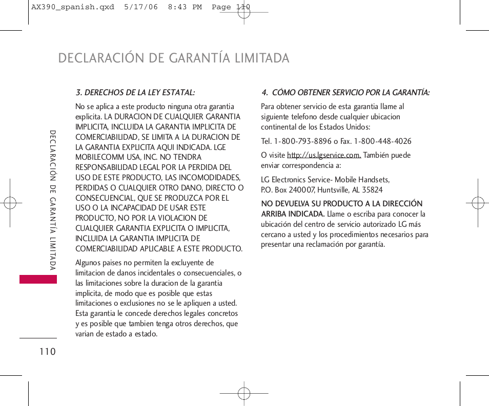 Declaración de garantía limitada | LG AX390 User Manual | Page 224 / 226