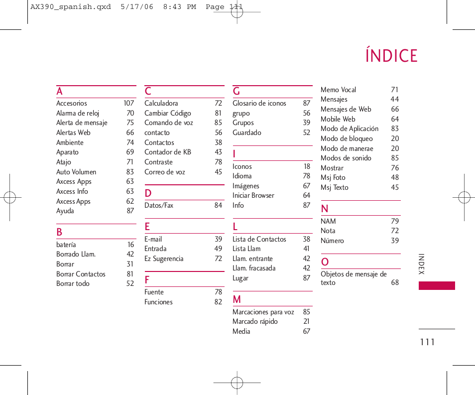 Índice | LG AX390 User Manual | Page 225 / 226