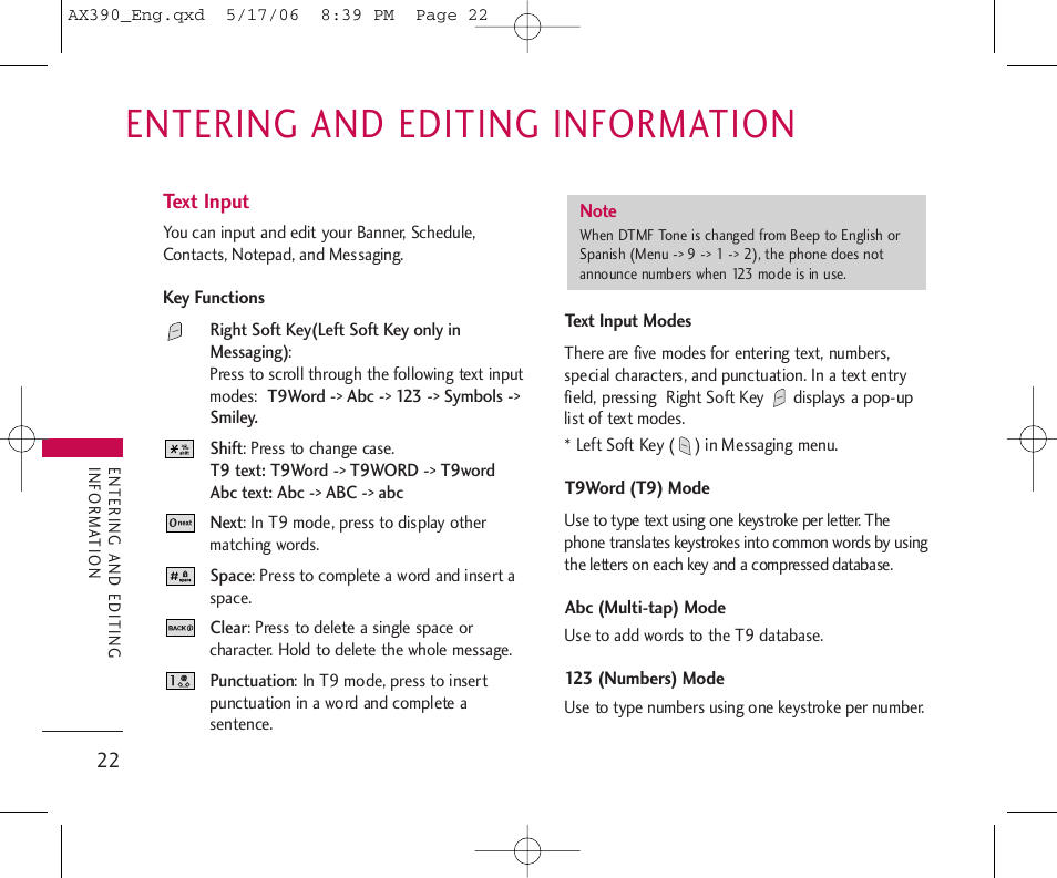 Entering and editing information | LG AX390 User Manual | Page 24 / 226