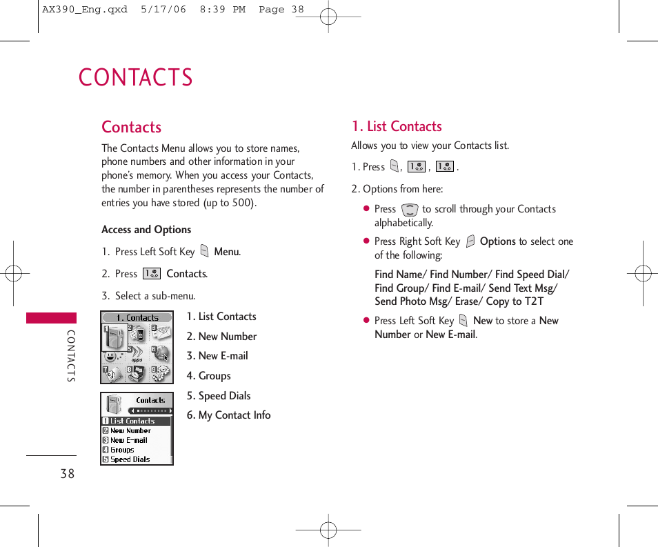 Contacts, List contacts | LG AX390 User Manual | Page 40 / 226