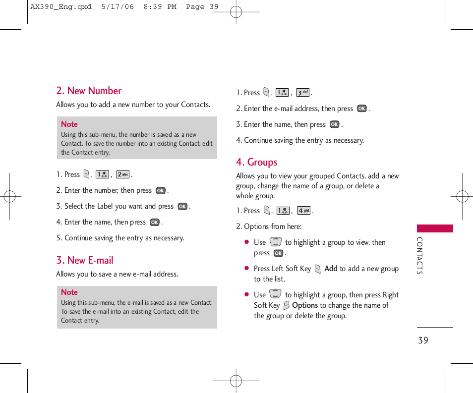 New number, New e-mail, Groups | LG AX390 User Manual | Page 41 / 226