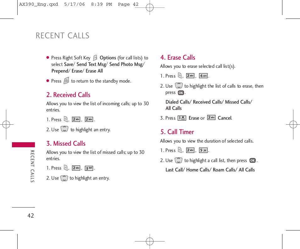 Recent calls, Received calls, Missed calls | Erase calls, Call timer | LG AX390 User Manual | Page 44 / 226