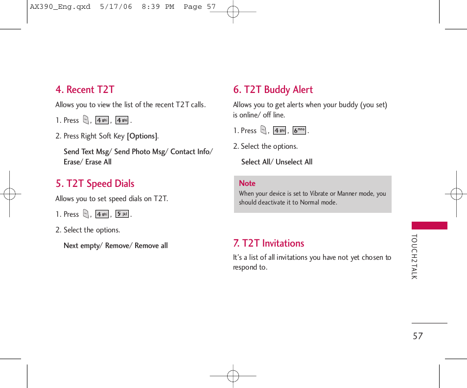 Recent t2t, T2t speed dials, T2t buddy alert | T2t invitations | LG AX390 User Manual | Page 59 / 226