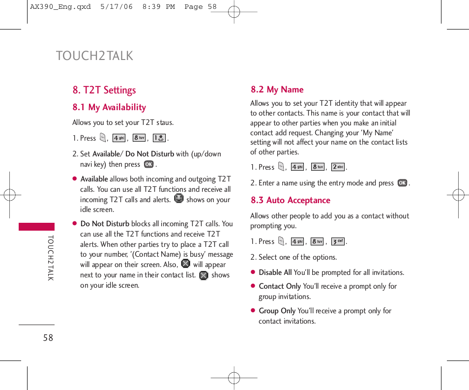 Touch2talk, T2t settings | LG AX390 User Manual | Page 60 / 226