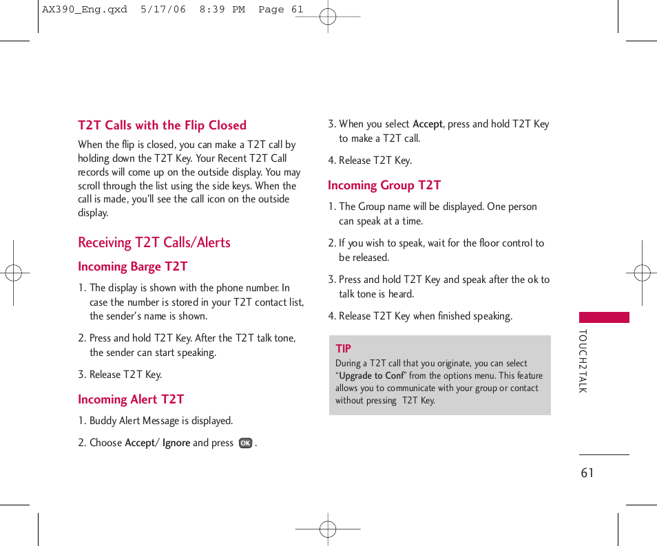 Receiving t2t calls/alerts | LG AX390 User Manual | Page 63 / 226