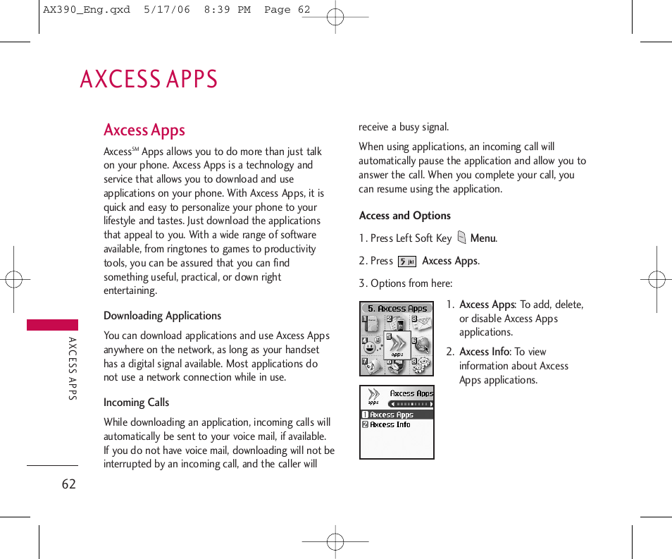 Axcess apps | LG AX390 User Manual | Page 64 / 226
