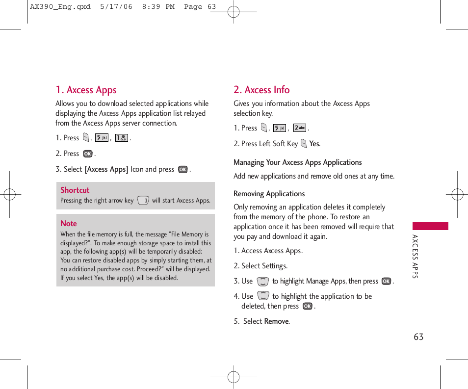 Axcess apps, Axcess info | LG AX390 User Manual | Page 65 / 226