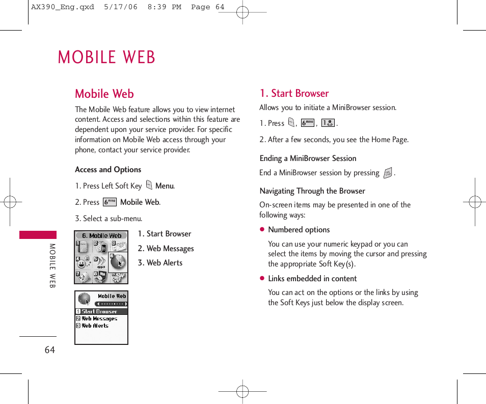 Mobile web, Start browser | LG AX390 User Manual | Page 66 / 226