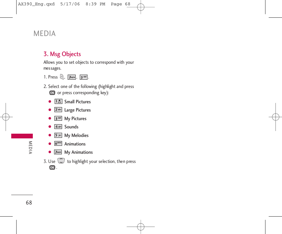 Media, Msg objects | LG AX390 User Manual | Page 70 / 226