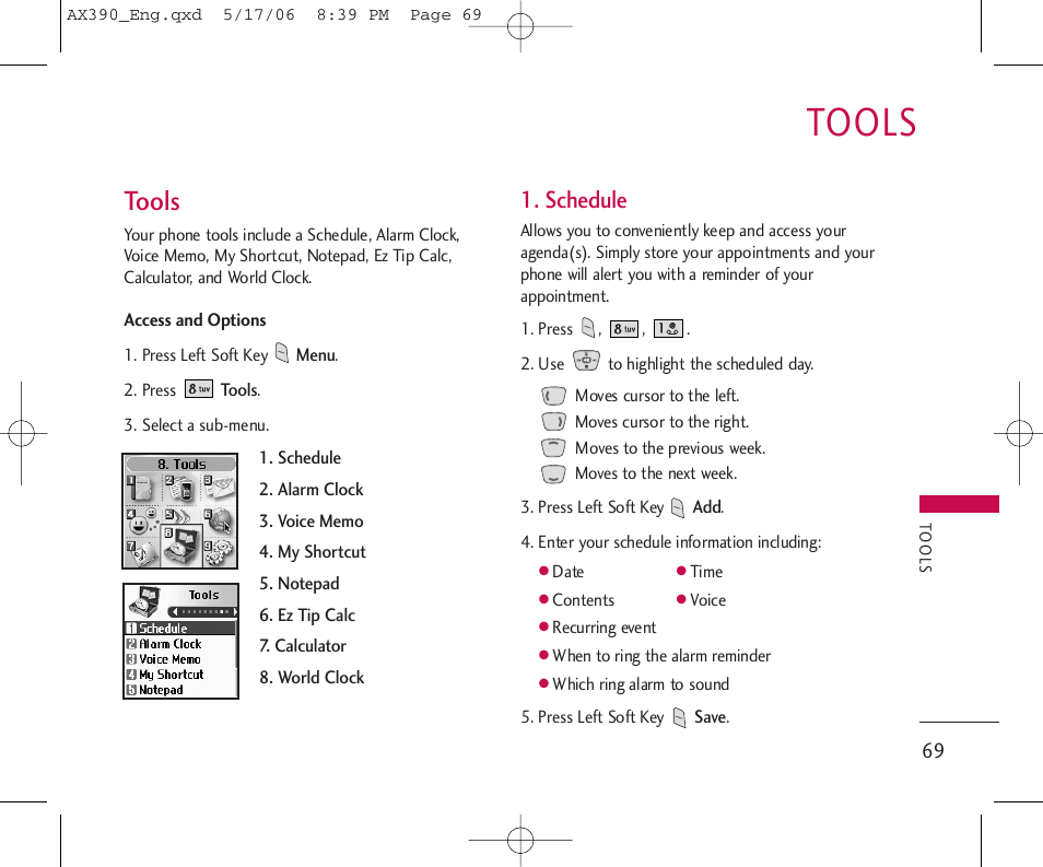Tools, Schedule | LG AX390 User Manual | Page 71 / 226
