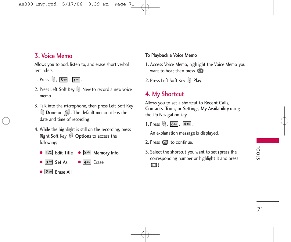 My shortcut | LG AX390 User Manual | Page 73 / 226