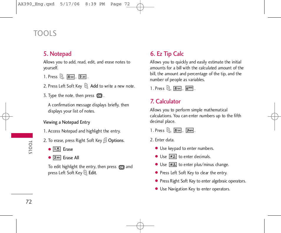 Tools, Ez tip calc, Calculator | LG AX390 User Manual | Page 74 / 226