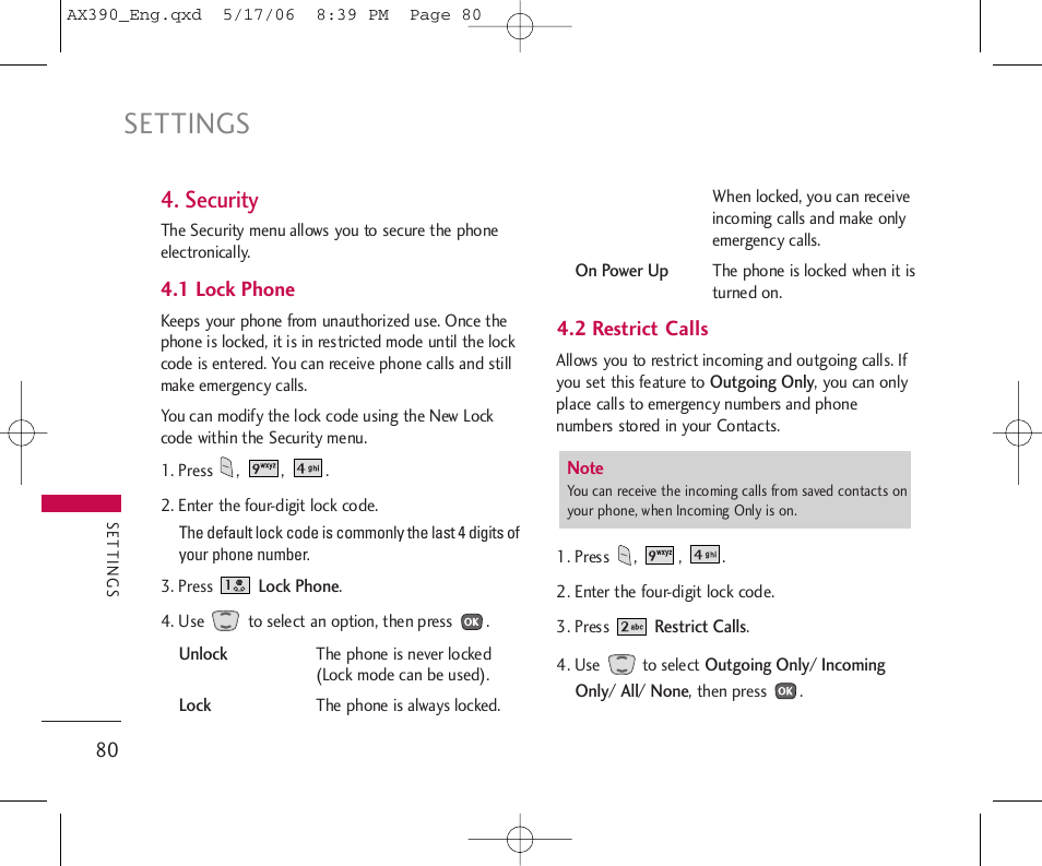 Settings, Security | LG AX390 User Manual | Page 82 / 226