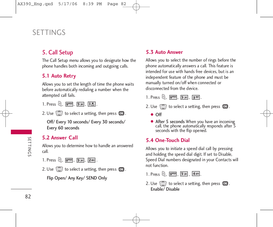 Settings, Call setup | LG AX390 User Manual | Page 84 / 226