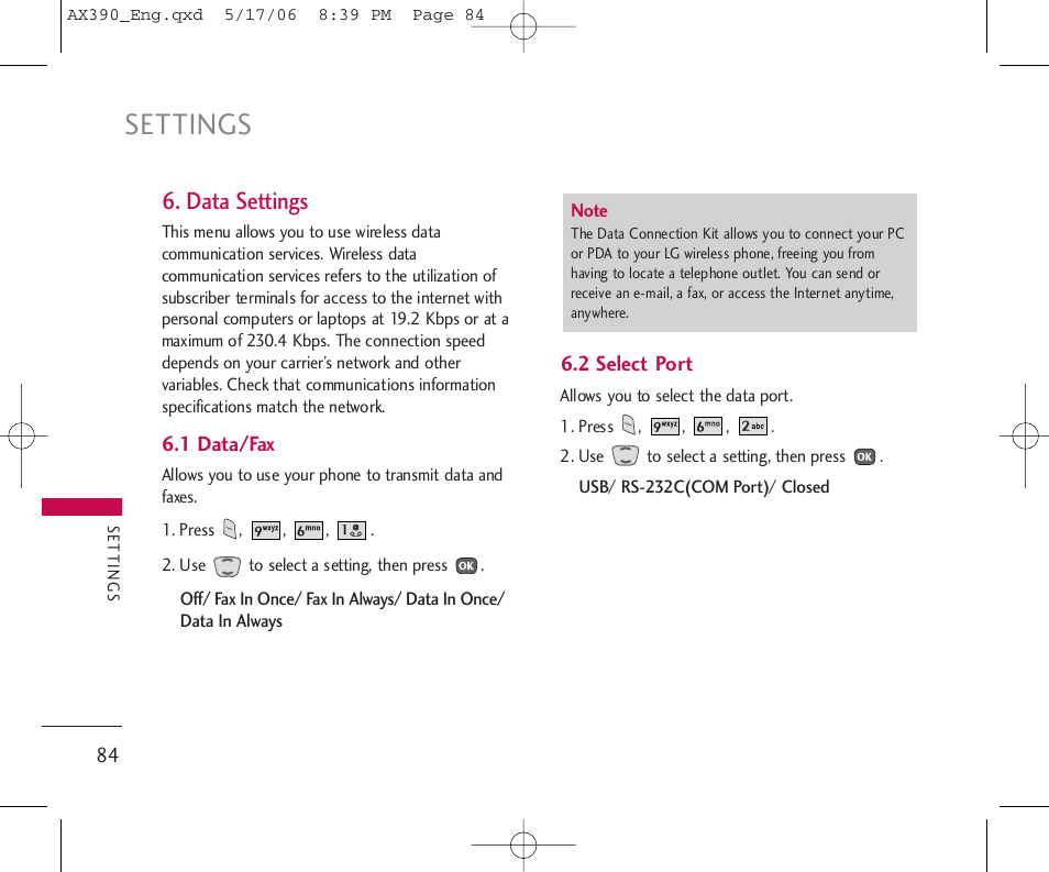 Settings, Data settings | LG AX390 User Manual | Page 86 / 226