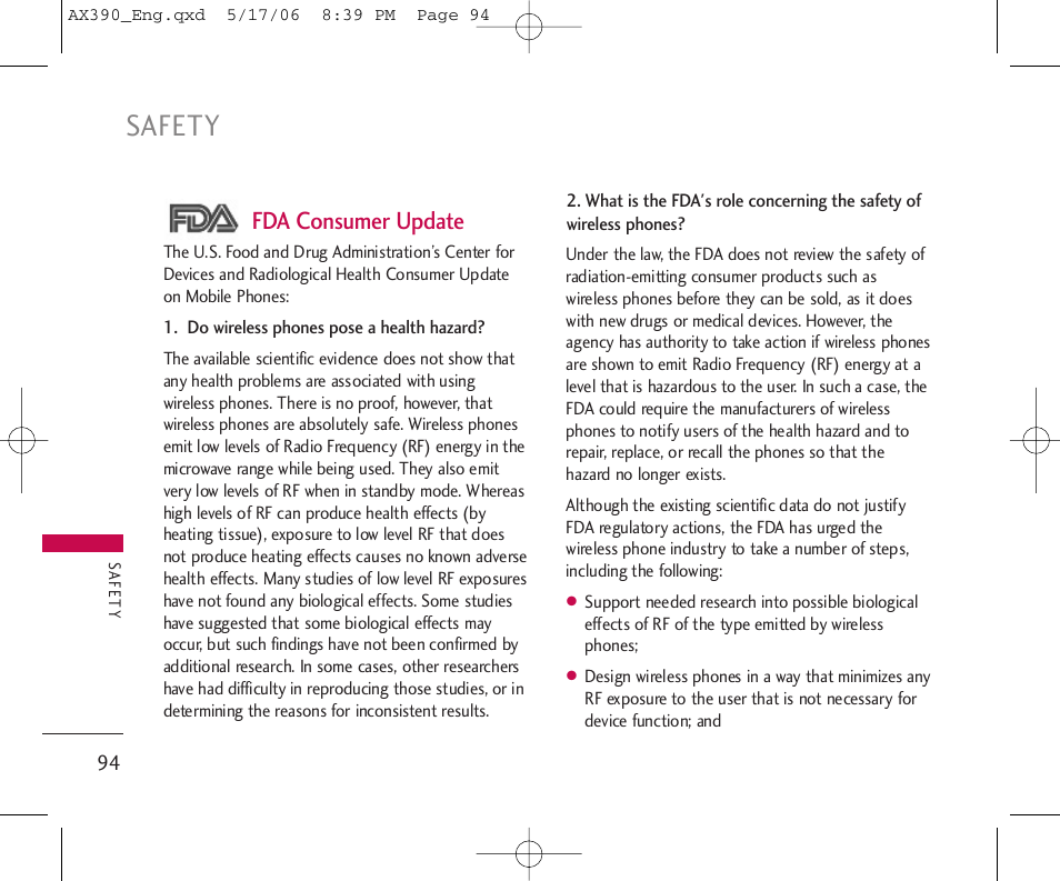 Safety, Fda consumer update | LG AX390 User Manual | Page 96 / 226