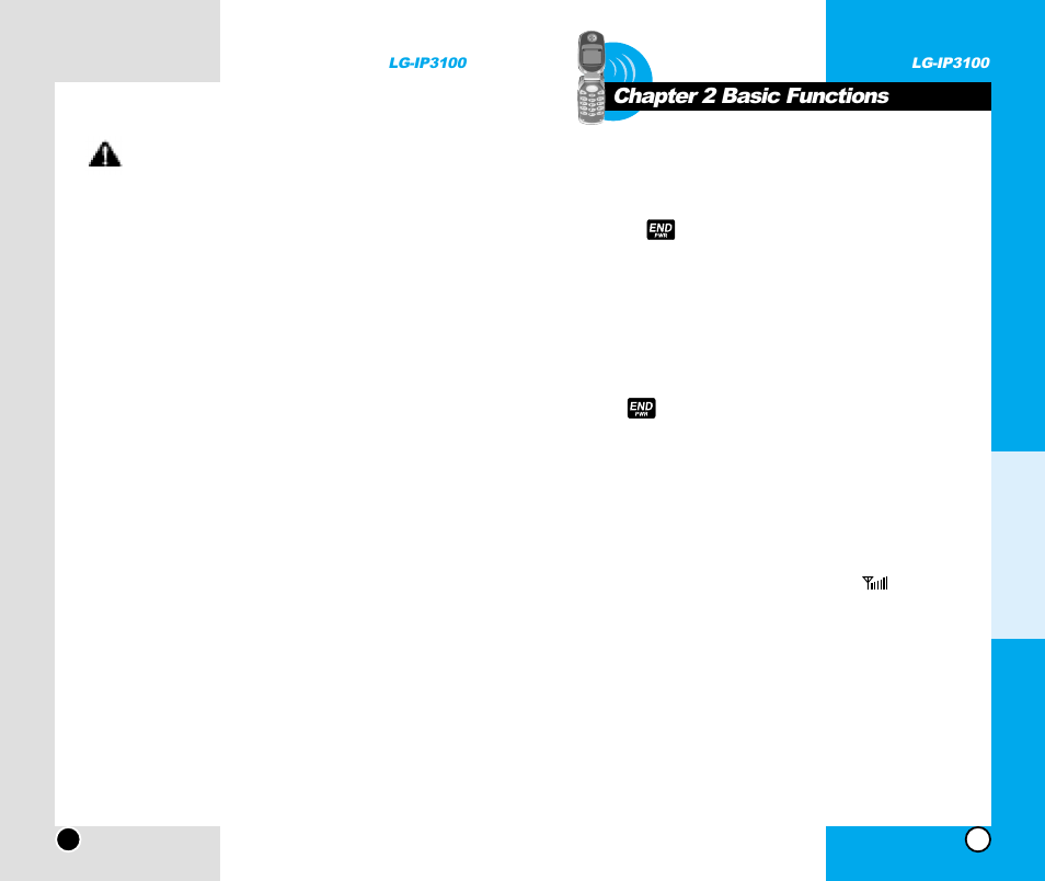 Turning your phone on and off, Chapter 2 basic functions | LG -IP3100 User Manual | Page 12 / 77