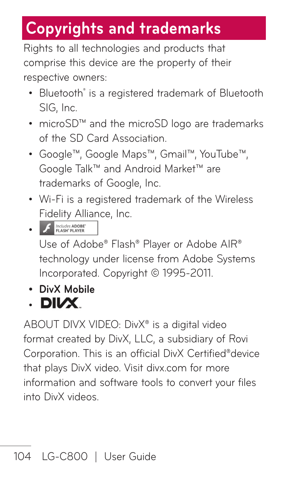 Copyrights and trademarks | LG C800 User Manual | Page 104 / 162