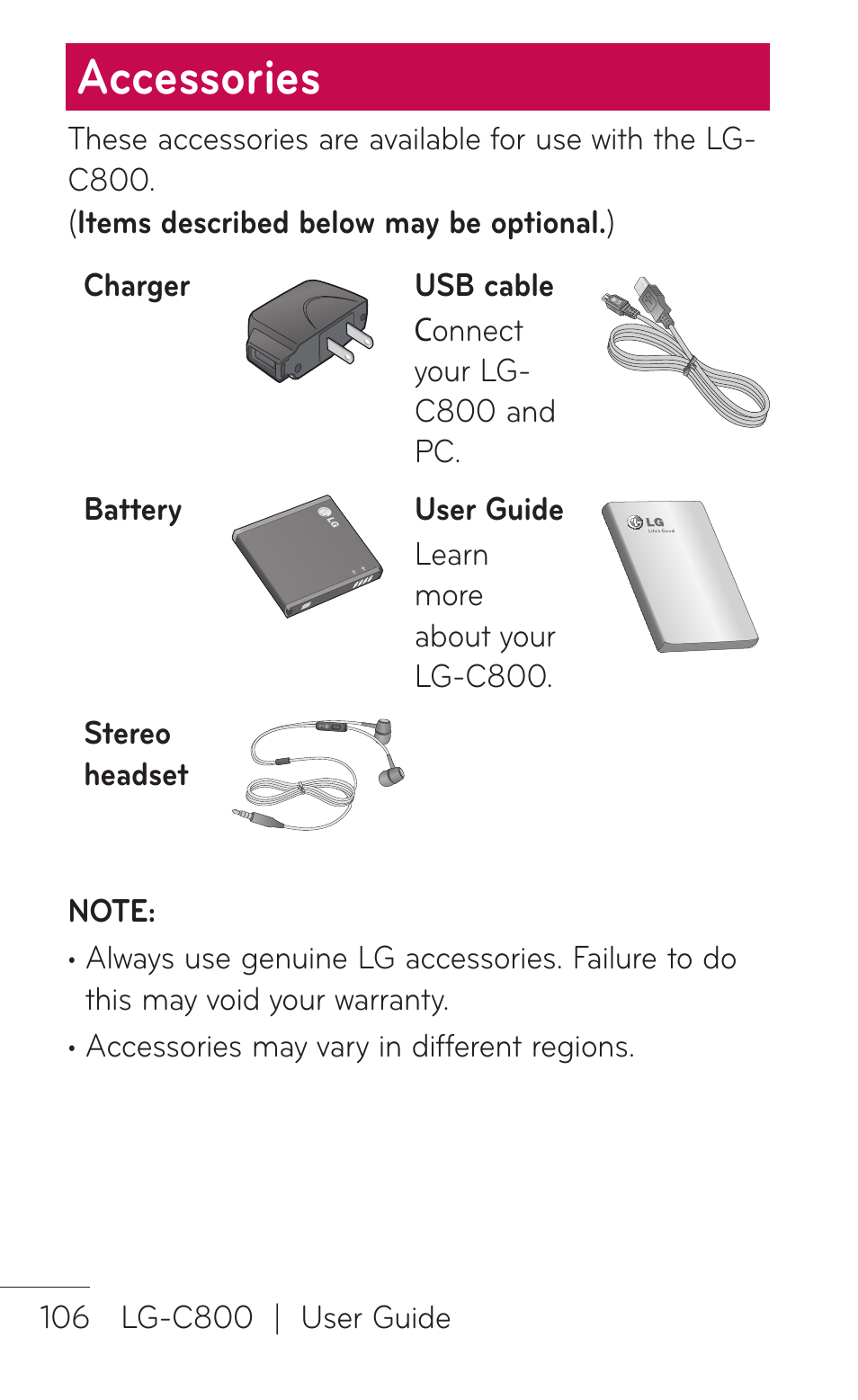 Accessories | LG C800 User Manual | Page 106 / 162