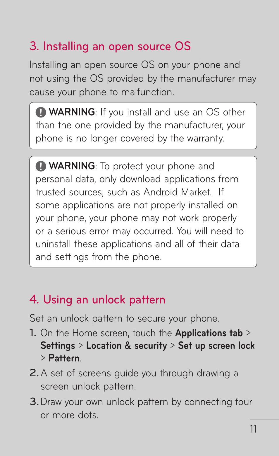 Installing an open source os, Using an unlock pattern | LG C800 User Manual | Page 11 / 162