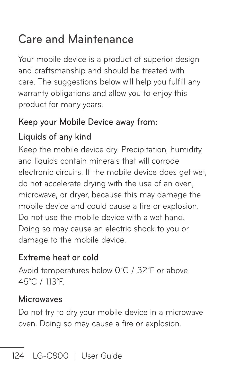 Care and maintenance | LG C800 User Manual | Page 124 / 162