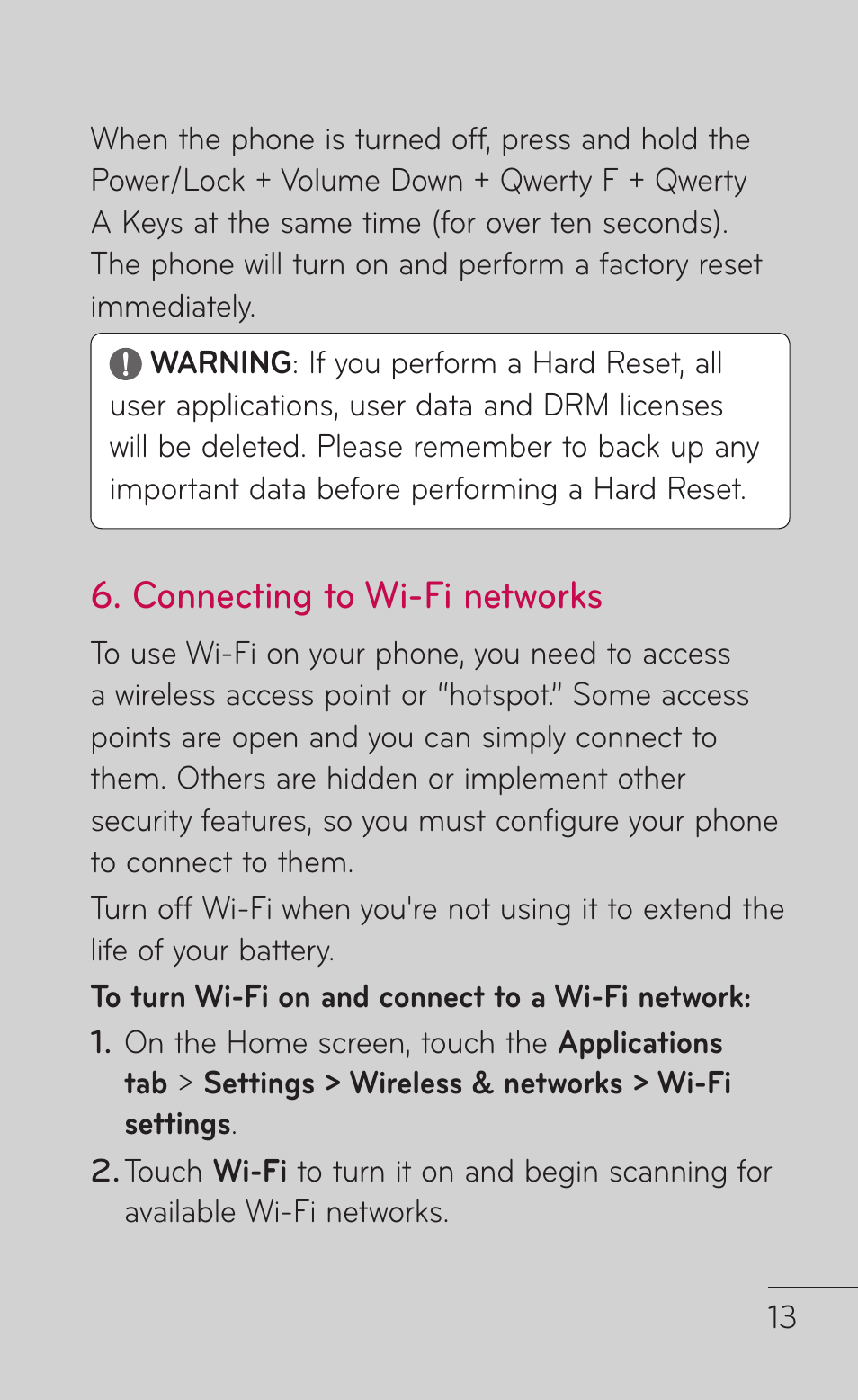 Connecting to wi-fi networks | LG C800 User Manual | Page 13 / 162