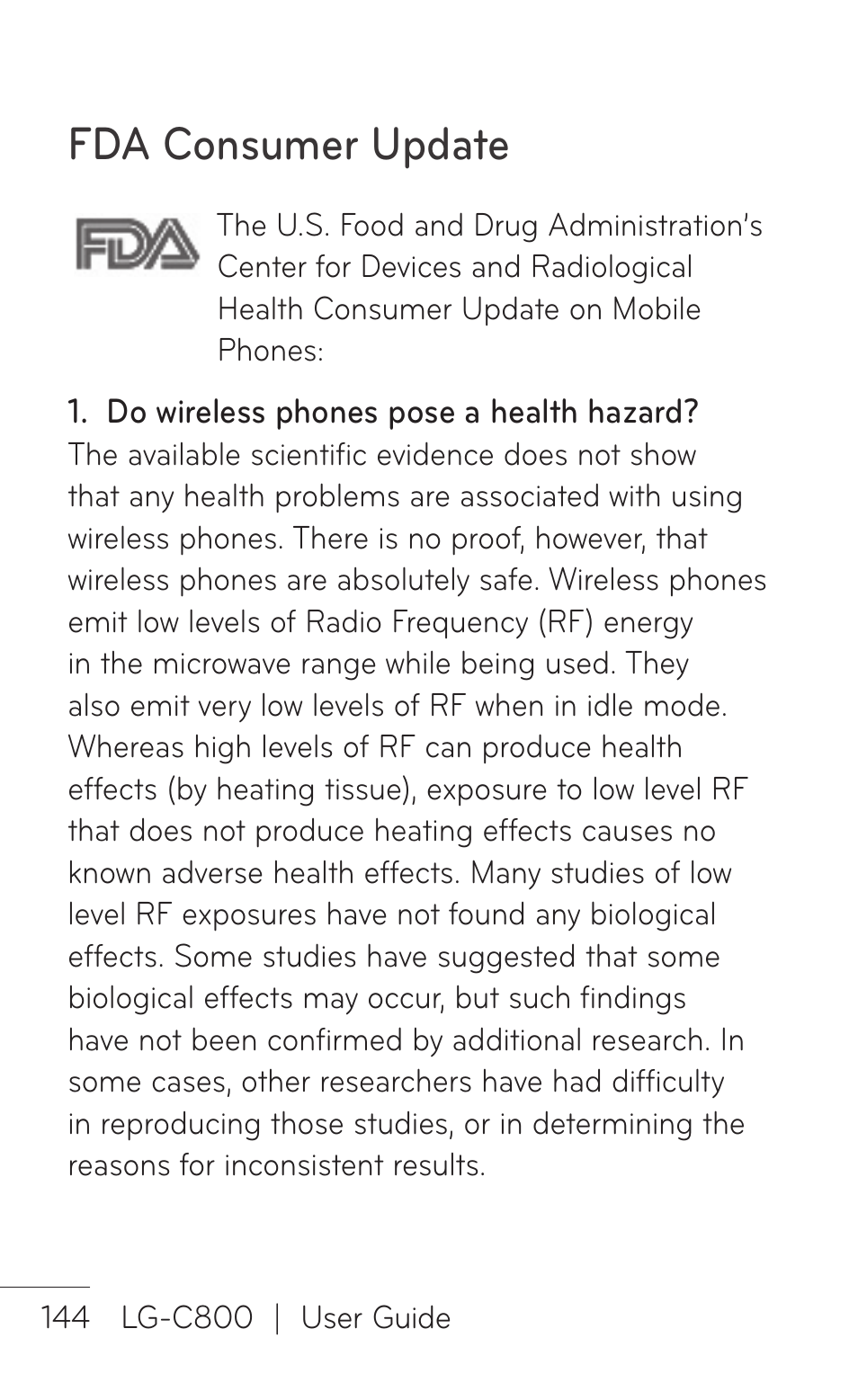 Fda consumer update | LG C800 User Manual | Page 144 / 162