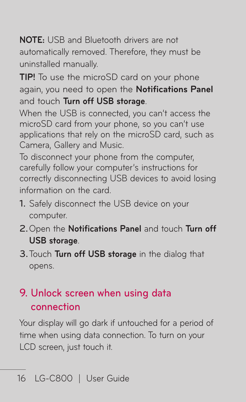 Unlock screen when using data connection | LG C800 User Manual | Page 16 / 162