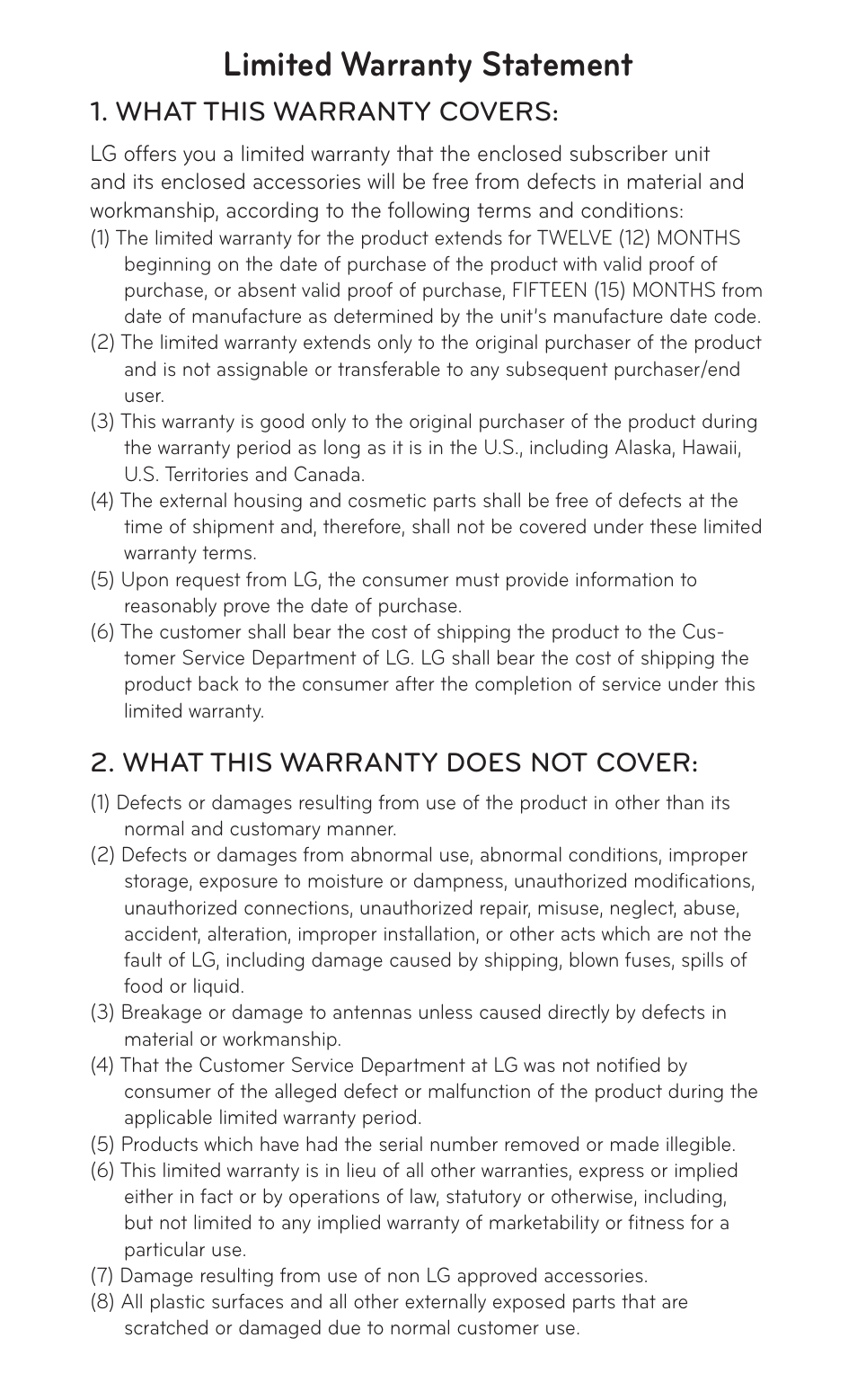 Limited warranty statement, What this warranty covers, What this warranty does not cover | LG C800 User Manual | Page 161 / 162