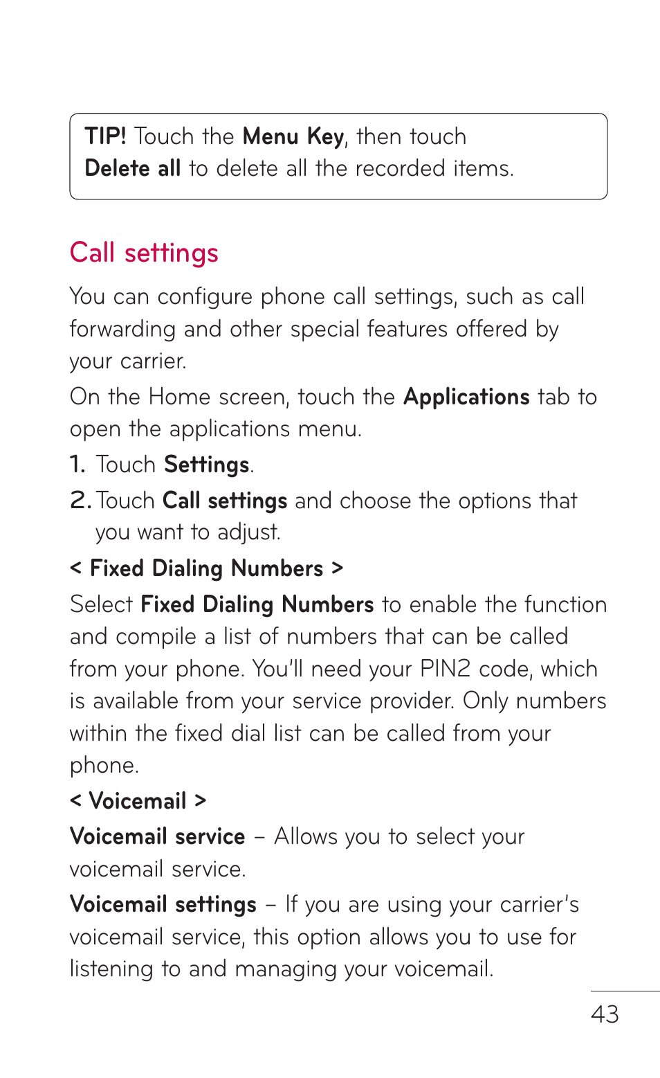 Call settings | LG C800 User Manual | Page 43 / 162