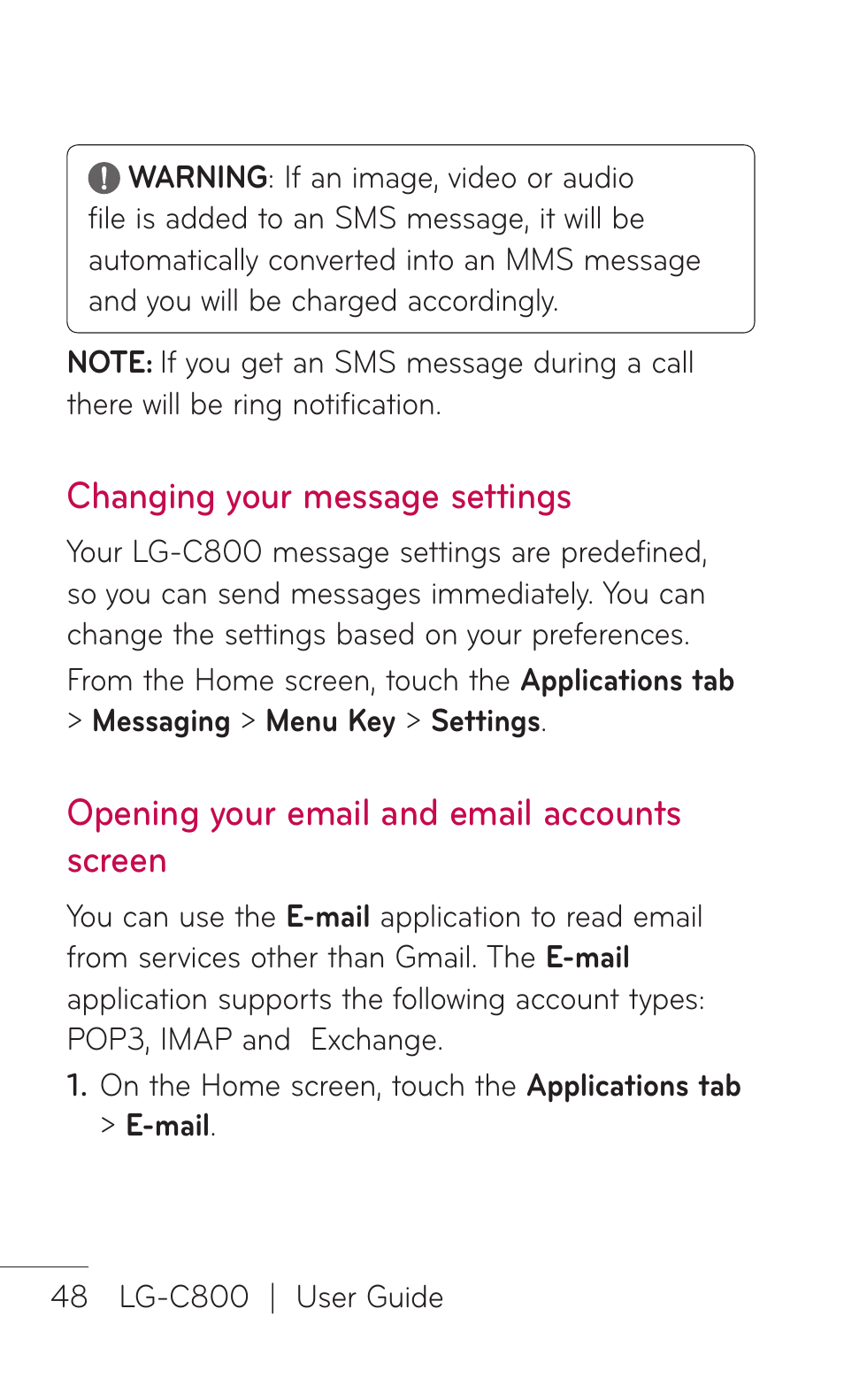 Changing your message settings, Opening your email and email accounts screen | LG C800 User Manual | Page 48 / 162