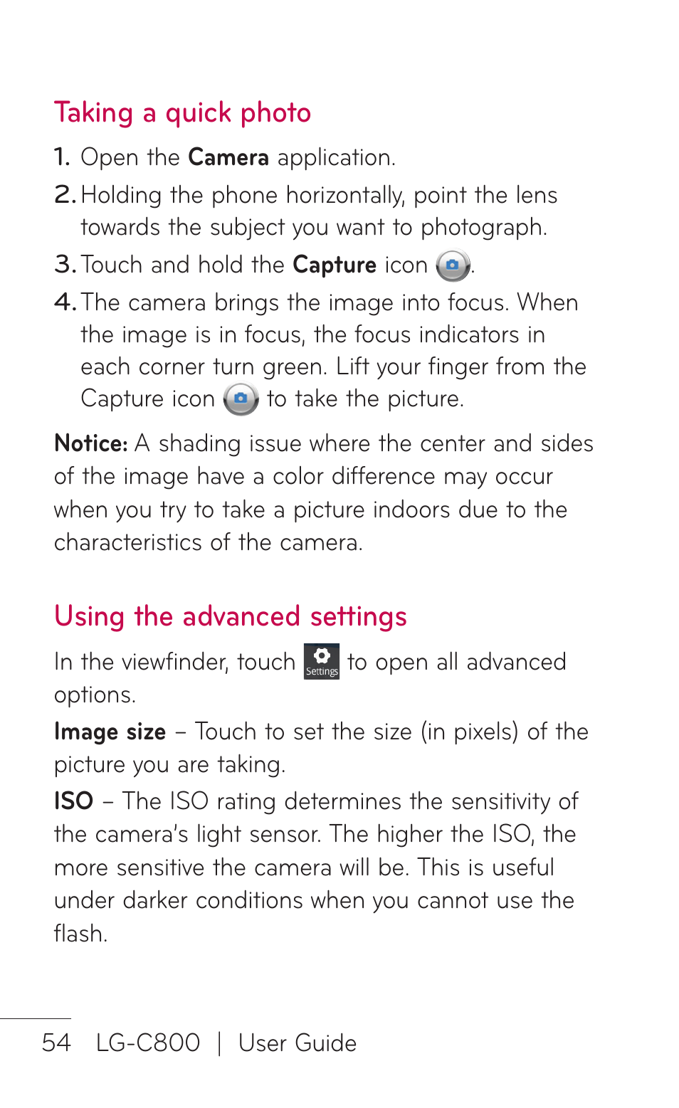 Taking a quick photo, Using the advanced settings | LG C800 User Manual | Page 54 / 162