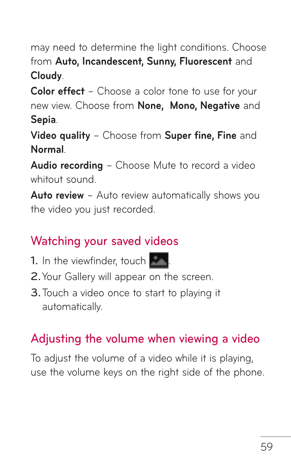 Watching your saved videos, Adjusting the volume when viewing a video | LG C800 User Manual | Page 59 / 162